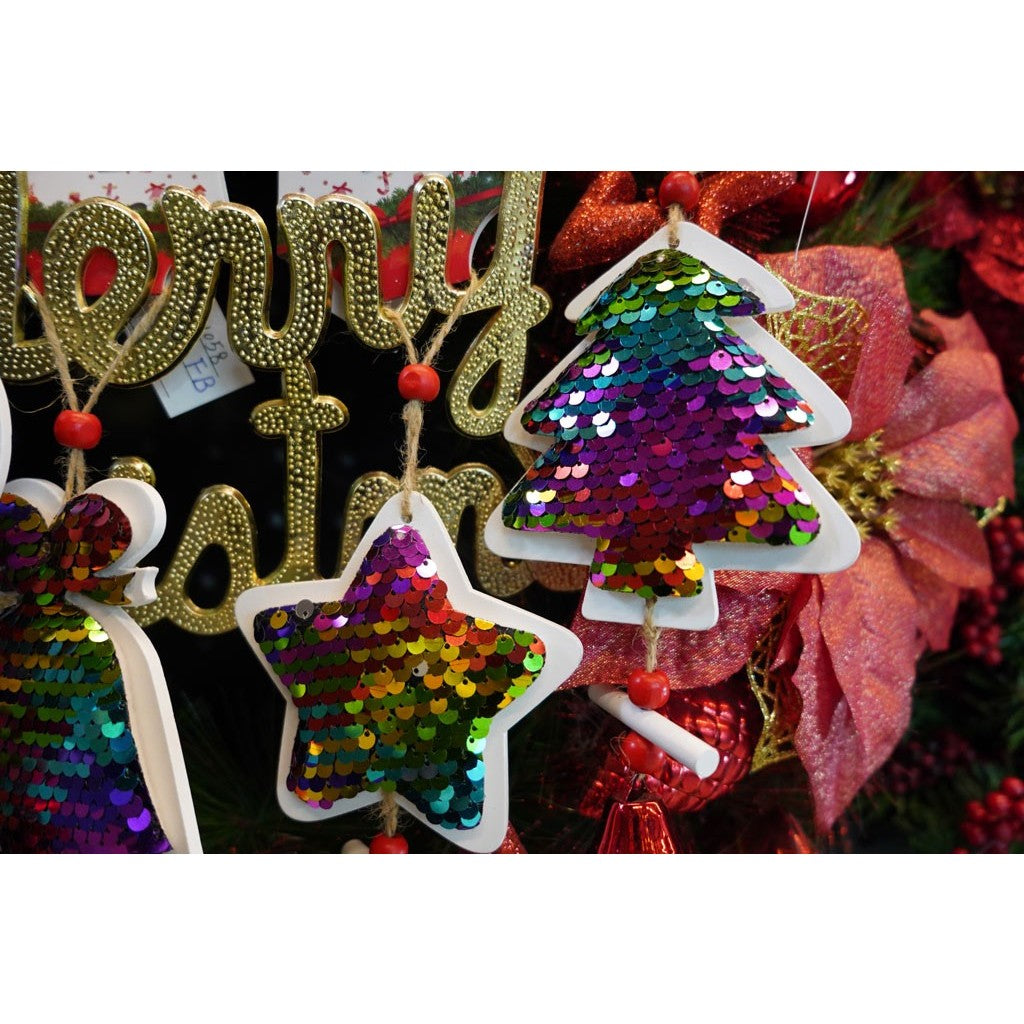 Ornament de brad stea din paiete, Vivimall, multicolor, lemn, 18 cm - vivimall.ro