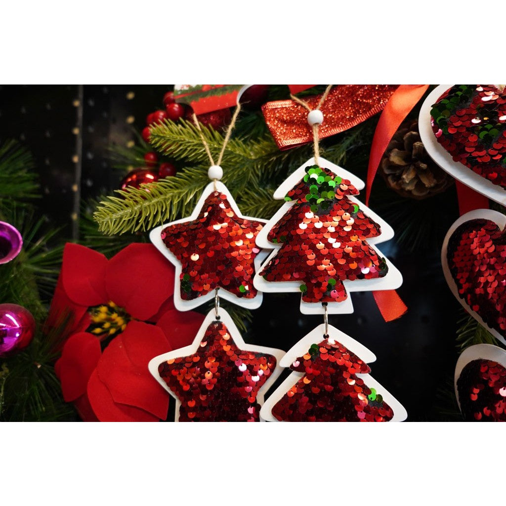 Ornament de brad trei brazi cu paiete, Vivimall, rosu, lemn, 36 cm - vivimall.ro