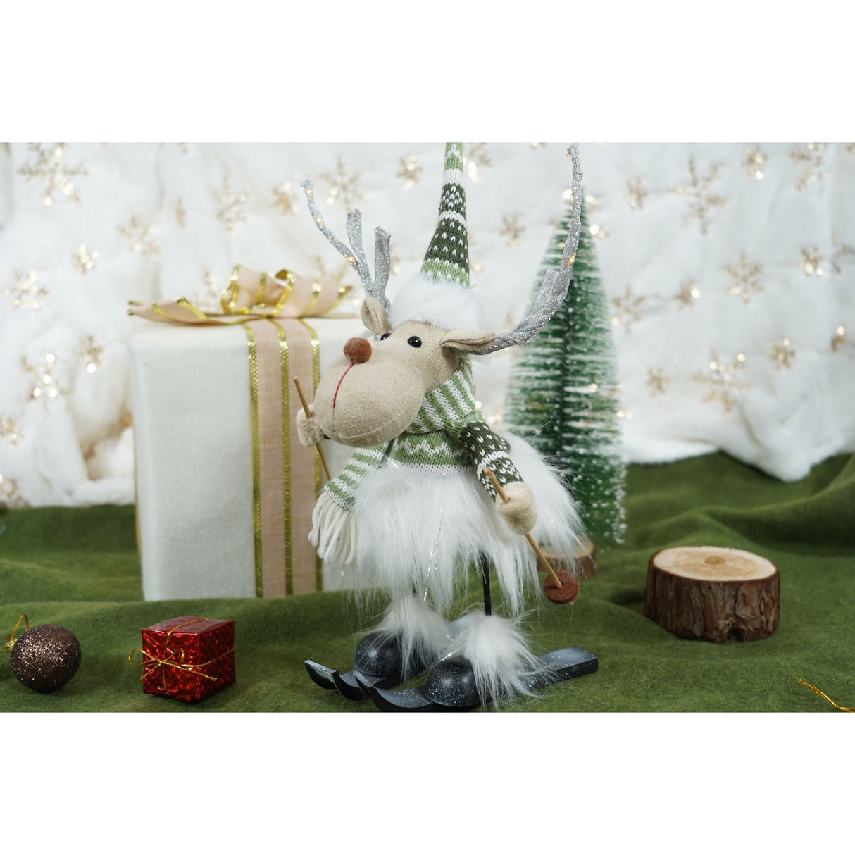 Ornament de Craciun ren pe schiuri model 2, Flippy, alb/verde, textil, 33 cm - vivimall.ro