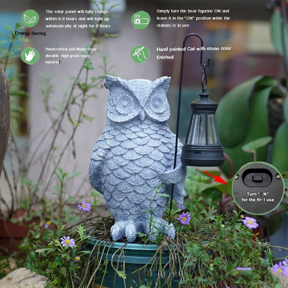 Ornament de Decor pentru Gradina cu LED, Flippy, Model Bufnita cu Felinar, Decoratiune Exterioara pentru Casa si Gradina, din Rasina, 21.5x15 cm, Gri - vivimall.ro