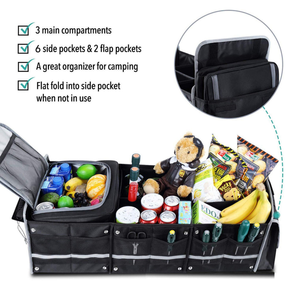 Organizator Flippy pliat compact lângă portbagaj deschis, demonstrație model pliabil