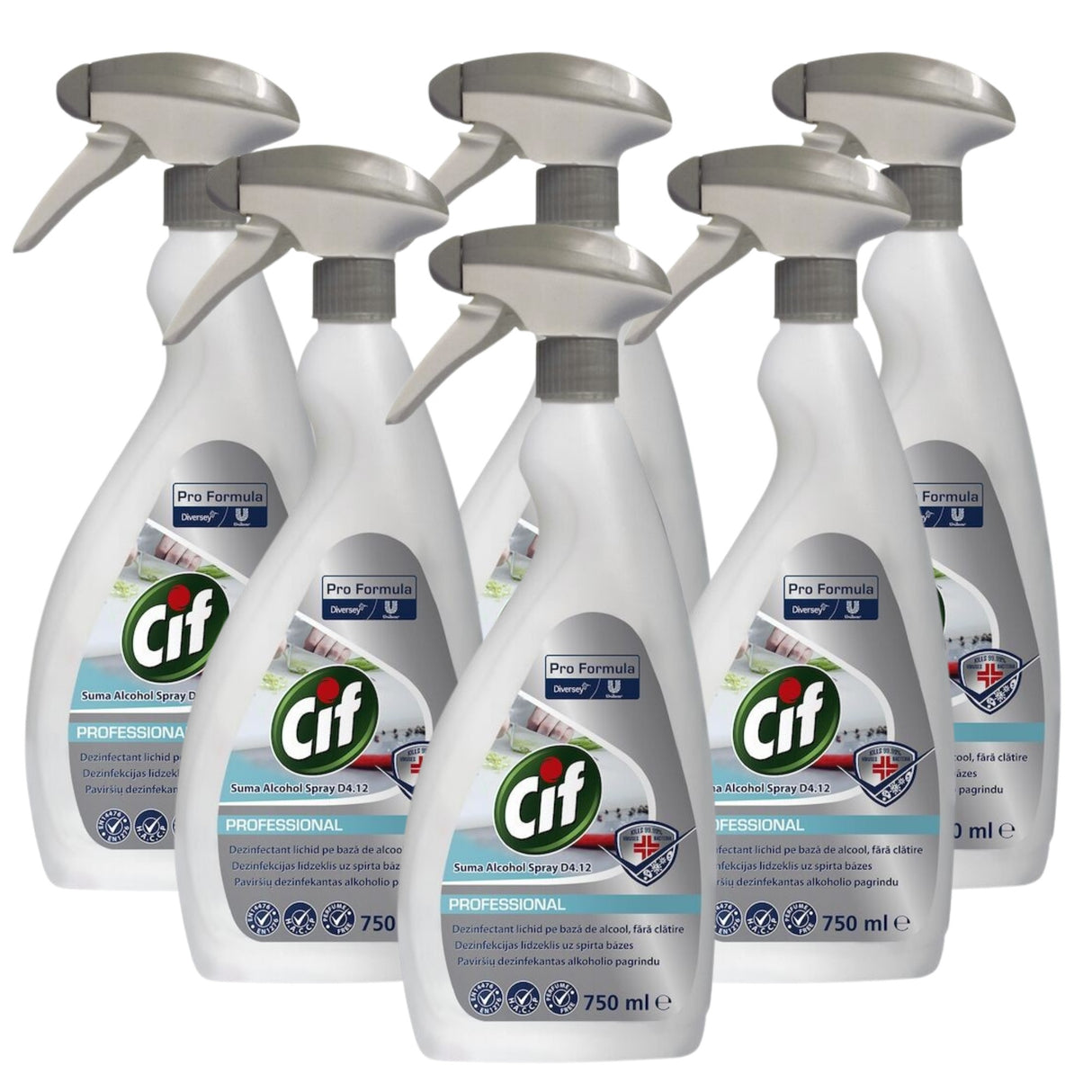 Pachet 6 flacoane CIF Professional Alcohol Spray dezinfectant 0,75 L pe bază de etanol 77%, vedere frontală