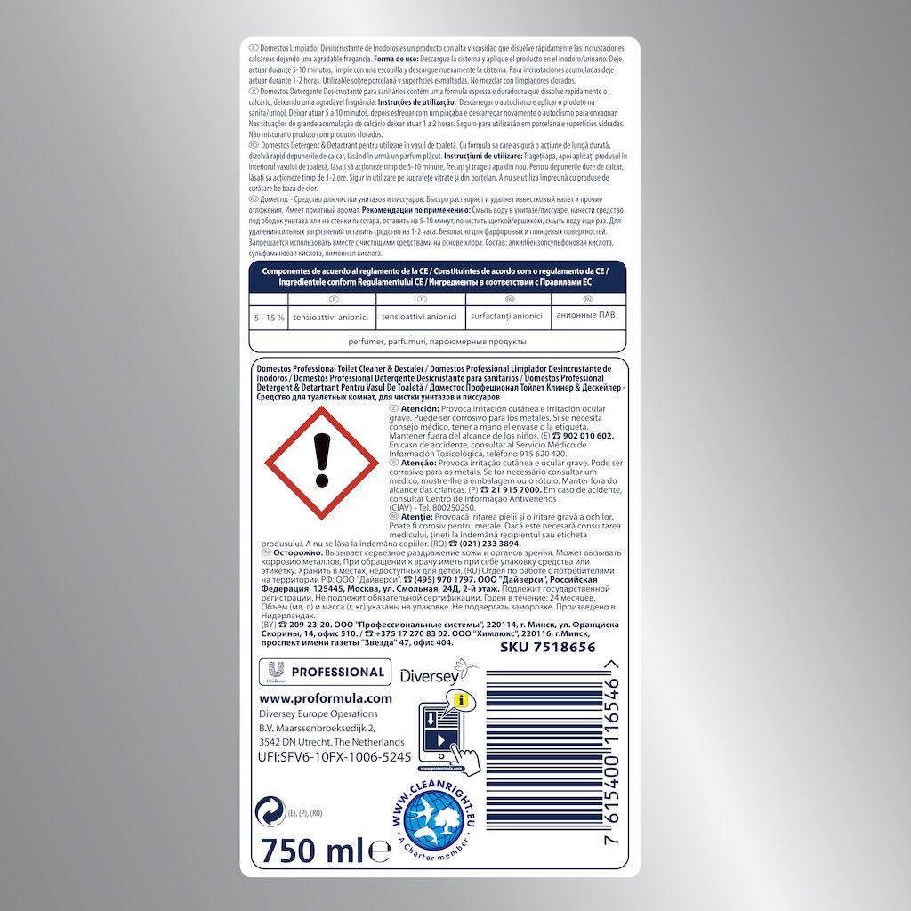 Domestos Professional Toilet Cleaner aplicat în vasul toaletei, mod de utilizare ilustrat