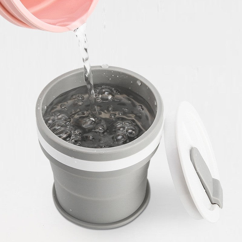 Pahar pliabil din silicon Vivimall, prentru calatorii, 350 ml, pai inclus, 9 x 9.2 cm, gri - vivimall.ro