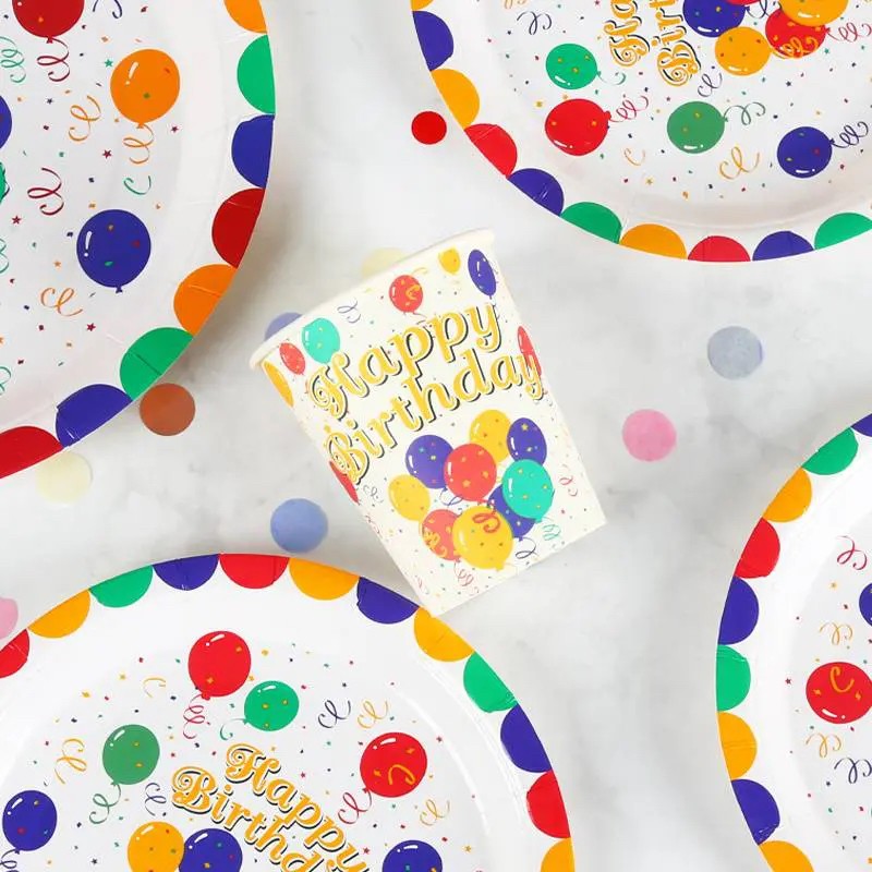 Pahare Cartonate pentru Petreceri, Vivimall, Set 10 Pahare Cartonate pentru Zile de Nastere si Aniversari, Model HAPPY BIRTHDAY, 230 ml, 8.6 x 7.5 cm, Multicolor - vivimall.ro