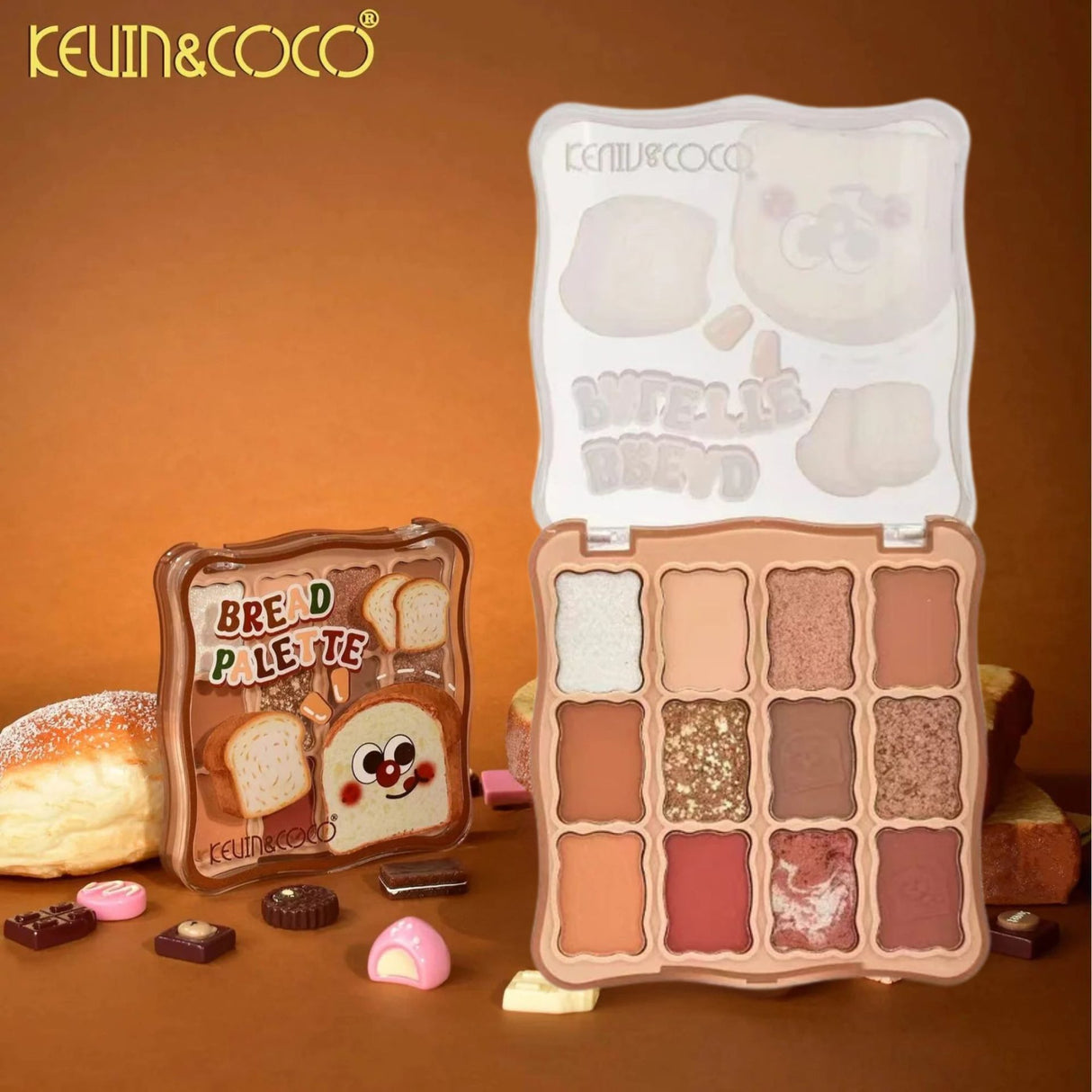 Paletă Kevin&Coco Warm Bronze deschisă, 12 nuanțe fard de pleoape în tonuri calde, detaliu culori