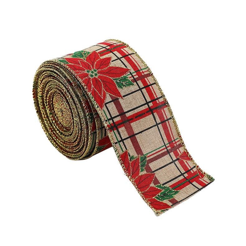 Panglica de Craciun pentru Decor Brad, Flippy, Panglica Decorativa de Craciun pentru Funde, Imprimeu Floare Rosie, 200 x 6.3 m, Khaki Rosu - vivimall.ro