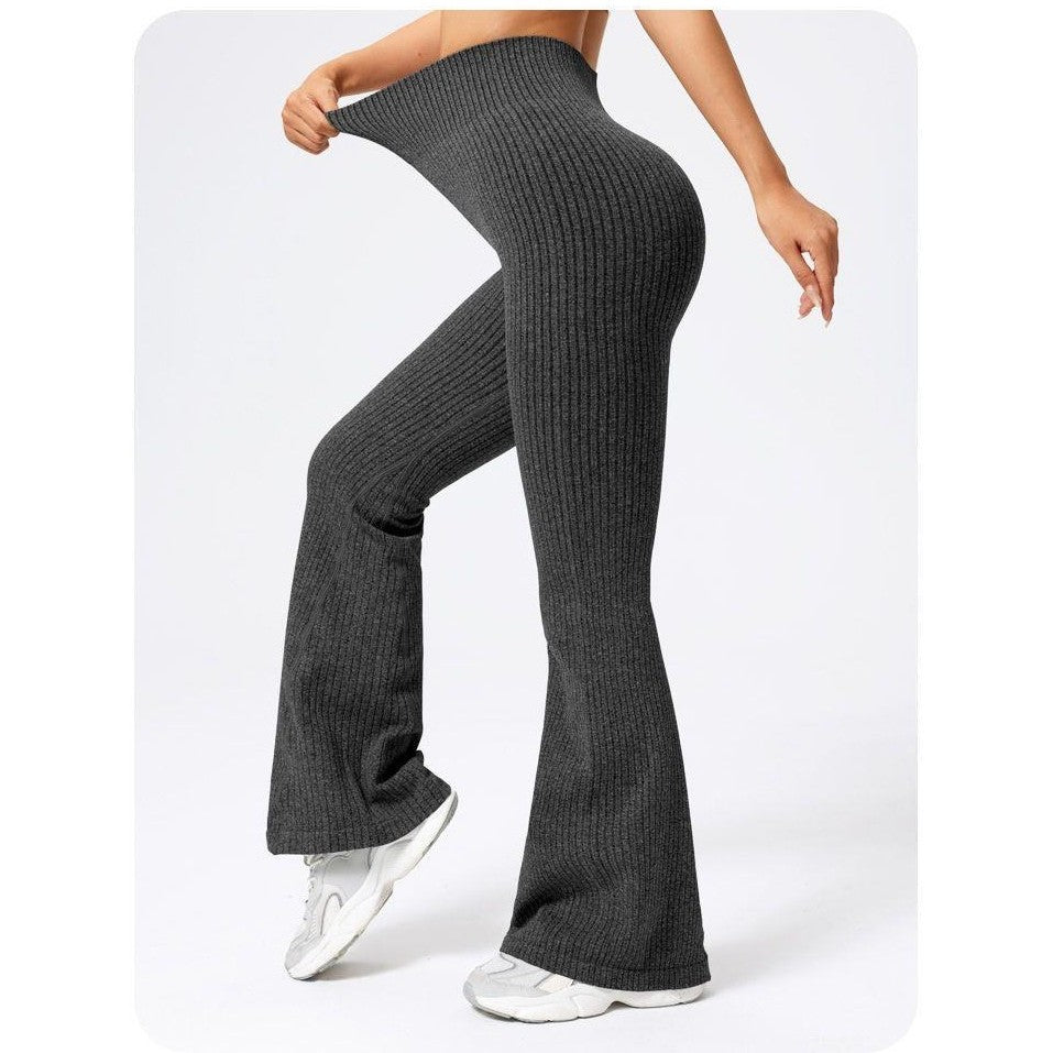 Pantaloni sport damă Vivimall, croială evazată slim fit, spandex și nylon, negru, profil lateral