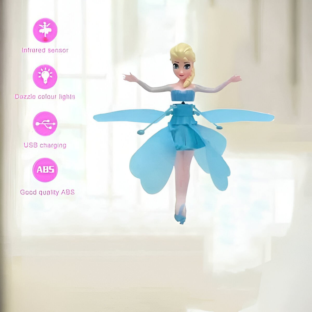 Papusa Zana Zburatoare, Vivimall, Jucarie cu Senzor pentru Coordonarea Miscarilor, Incarcare USB, cu Lumini, 19x6.5 cm, Albastra - vivimall.ro