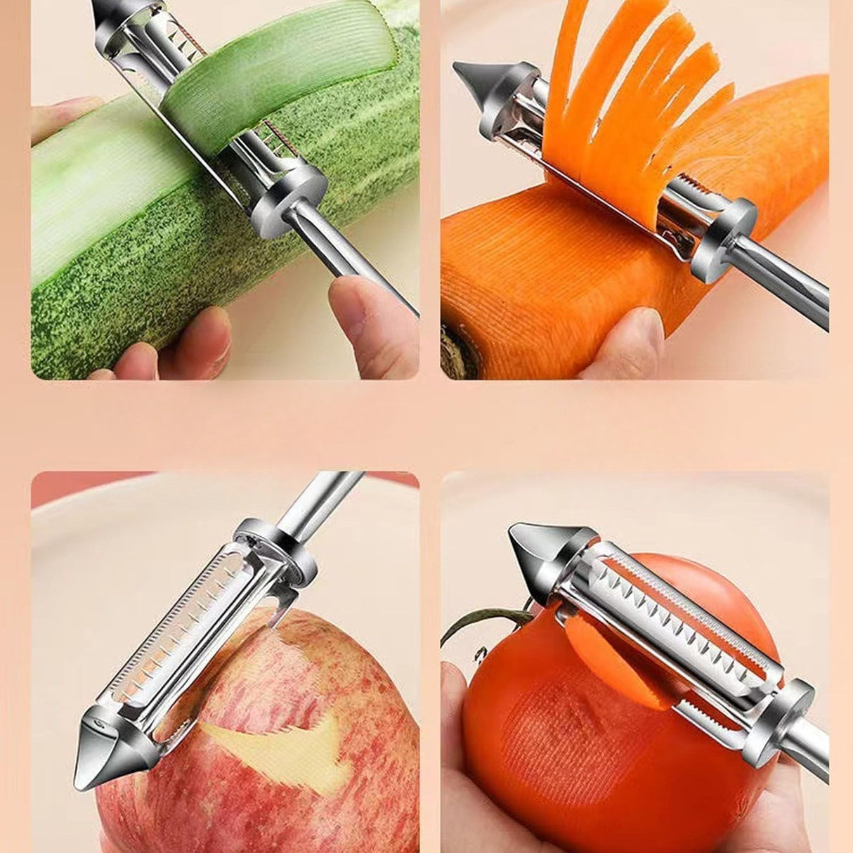 Peeler 2in1 pentru Legume si Fructe, Vivimall, Multifunctional, cu 2 Lame de Curatati si Feliat, Varf Ascutit pentru Gaurit, 18 cm, din Otel Inoxidabil, Argintiu/Negru - vivimall.ro