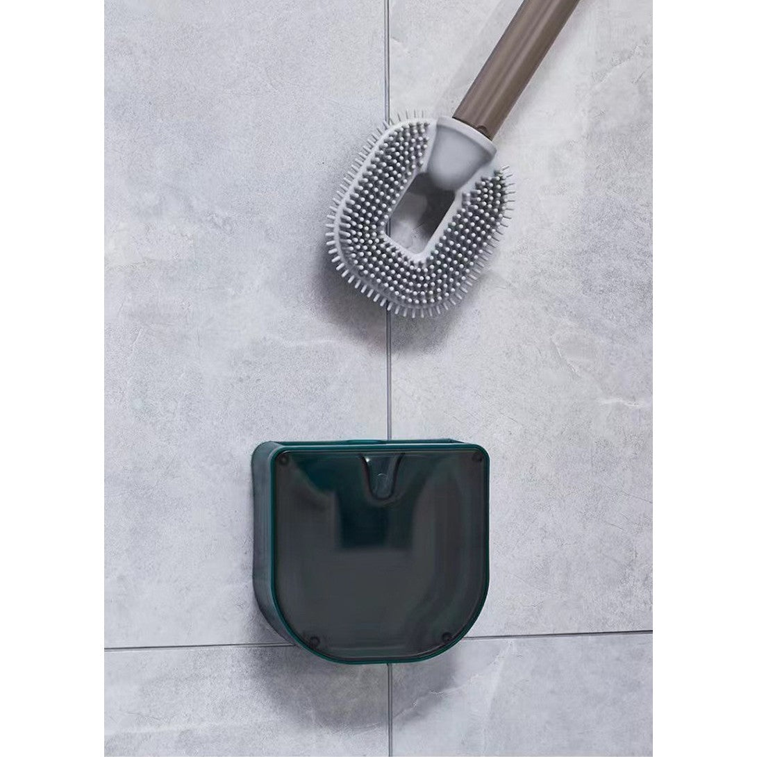 Perie de Toaleta, Vivimall, cu Recipient pentru Detergent, din Plastic+TPR, Montare fara Perforare, 40 x 9 cm, Verde - vivimall.ro