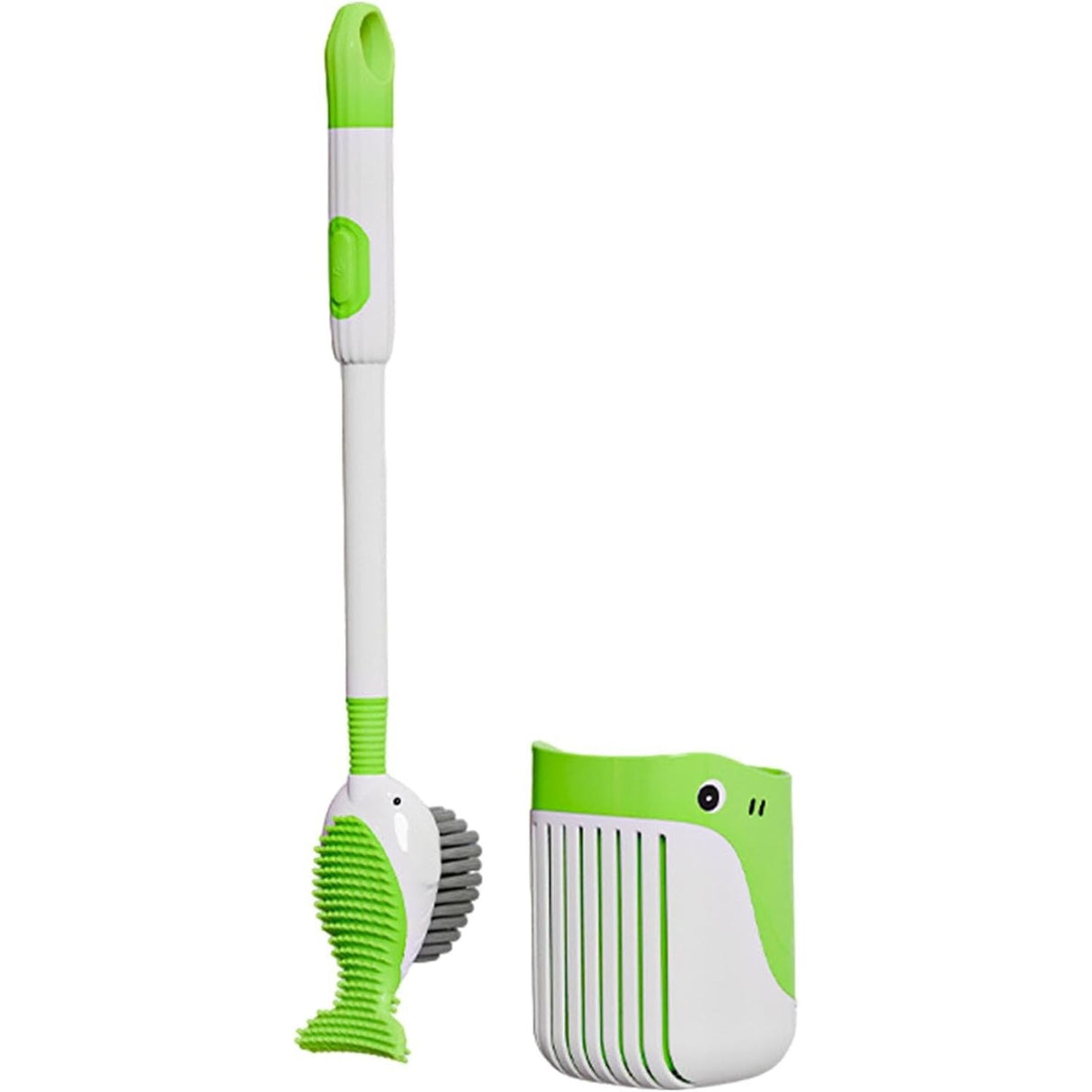 Perie de Toaleta, Flippy, cu Suport de Perete, Recipient Detergent, 2 Tipuri de Perii, Model Balena, Verde