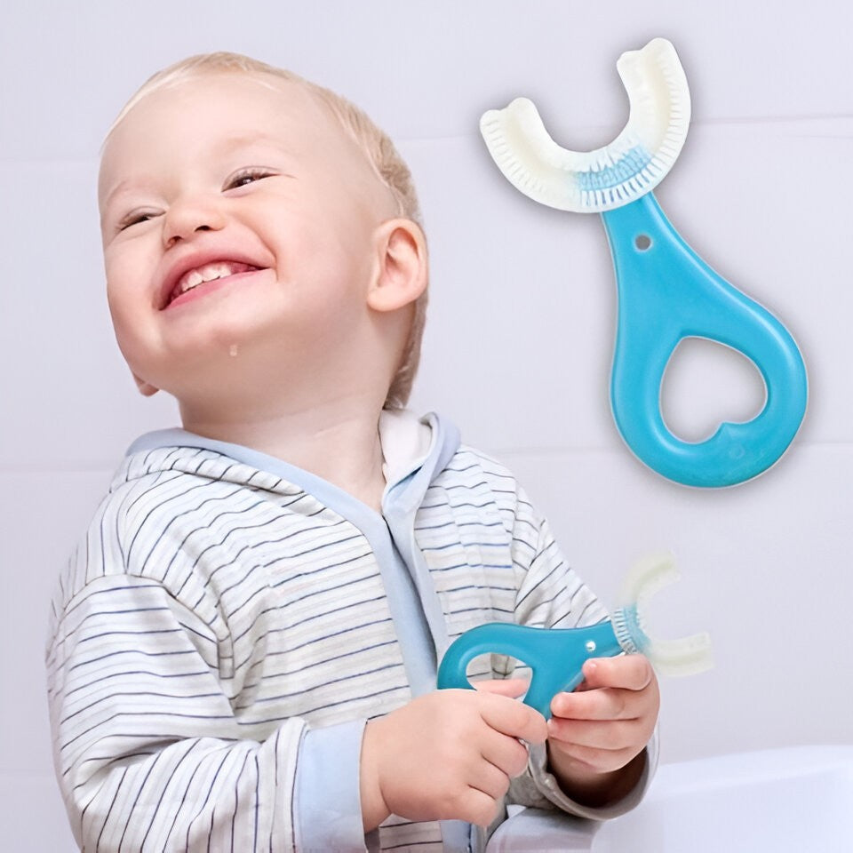 Periuta de Dinti in Forma de U, Vivimall, pentru Sugari si Copii 2-6 ani, Peri Moi, 9 cm, Model Inima, Culoare Albastru - vivimall.ro