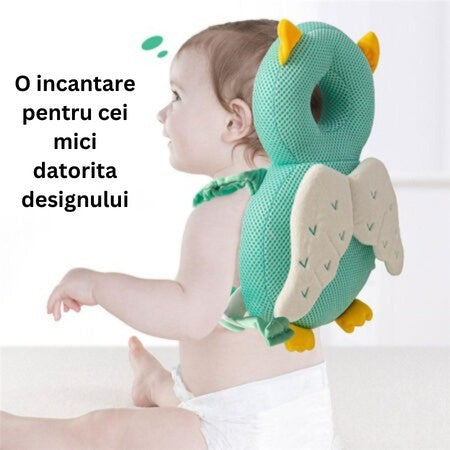 Perna tip Rucsac pentru Protectia Capului, Vivimall, Tetiera tip Bufnita, Design tip Plasa, pentru Bebelusi, 33x6x19 cm, 180 g, Albastru - vivimall.ro