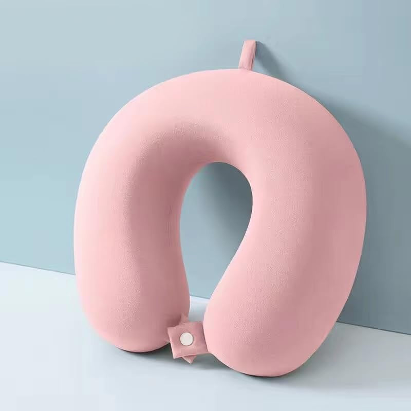 Perna de Calatorie in Forma de U, Vivimall, Pentru Gat si Cap, Umplutura din Spuma cu Memorie, 30x30 cm, Sistem Prindere Capse, Cutie de Depozitare, Roz - vivimall.ro