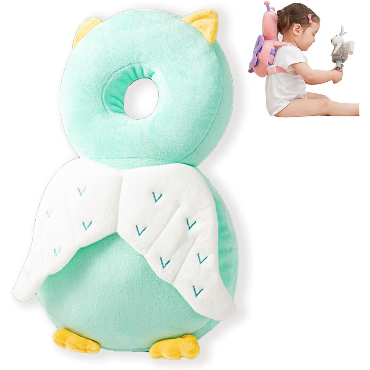 Perna tip Rucsac pentru Protectia Capului, Vivimall, Tetiera tip Bufnita, pentru Bebelusi, 33x6x19 cm, 180 g, Verde - vivimall.ro