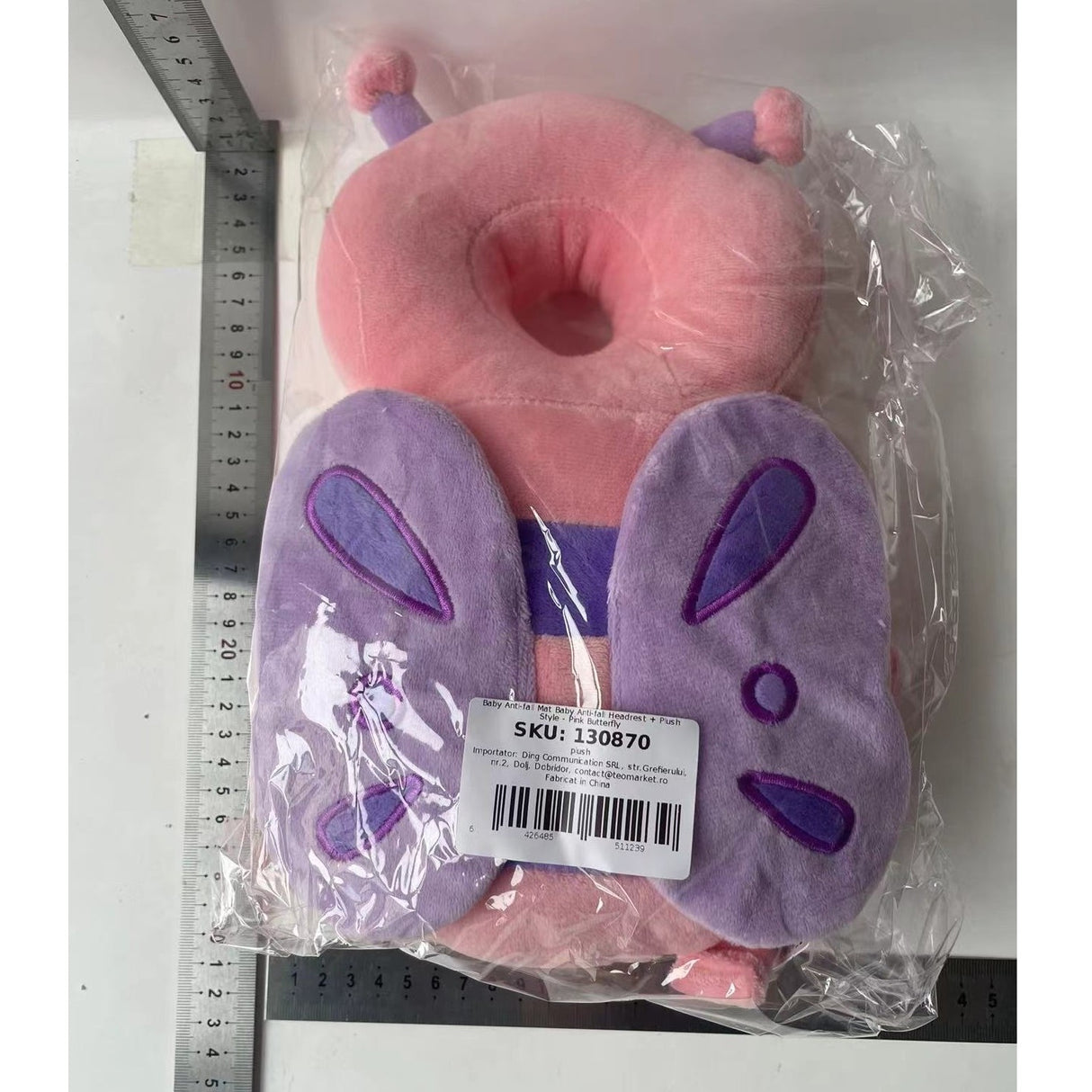 Perna tip Rucsac pentru Protectia Capului, Vivimall, Tetiera tip Fluturas de Plus, pentru Bebelusi, 33x6x19 cm, Roz - vivimall.ro