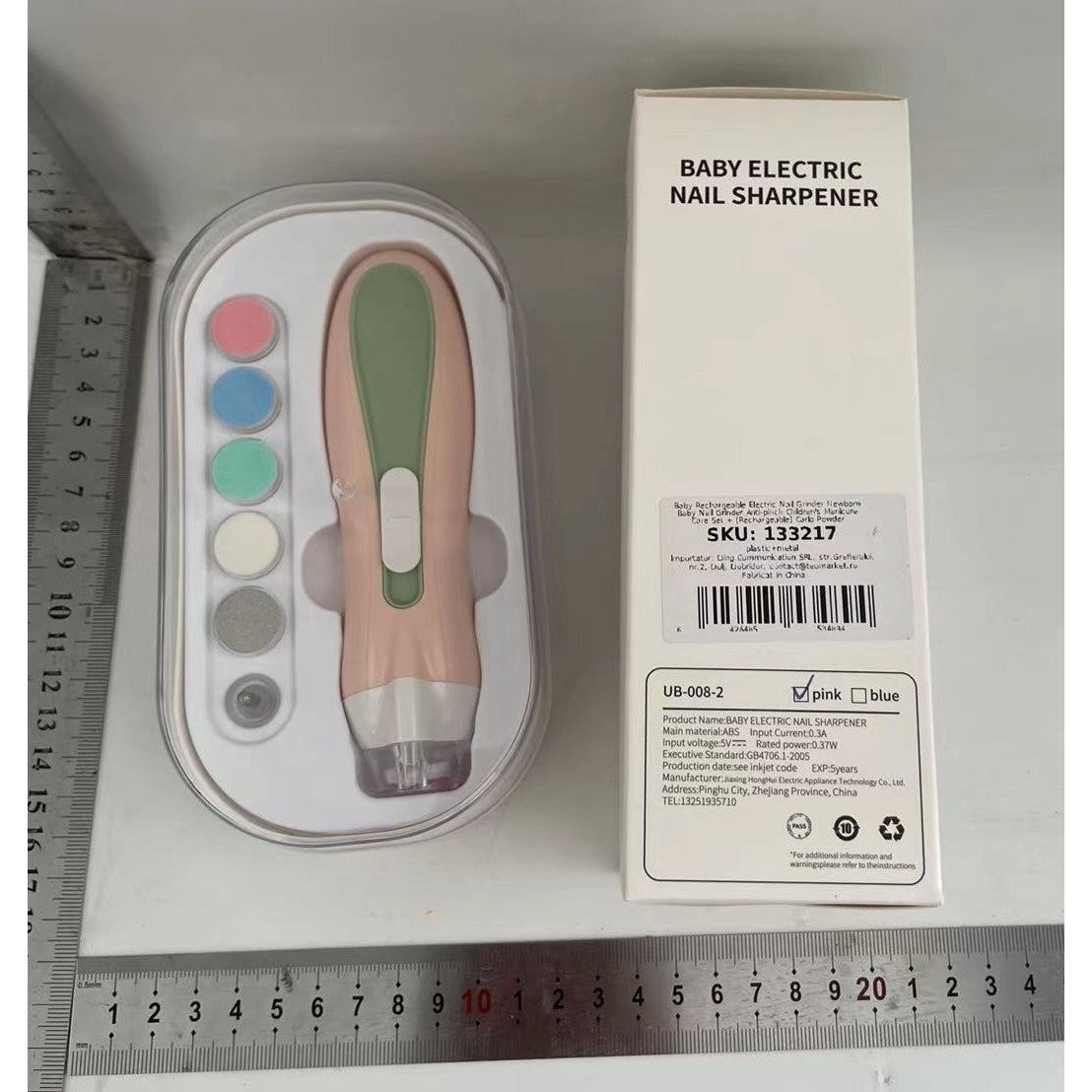 Pila Electrica, Vivimall, pentru Copii si Bebelusi, din ABS, 6 Accesorii, cu Lumina LED, 9.5 x 6 x 17 cm, Verde/Roz - vivimall.ro