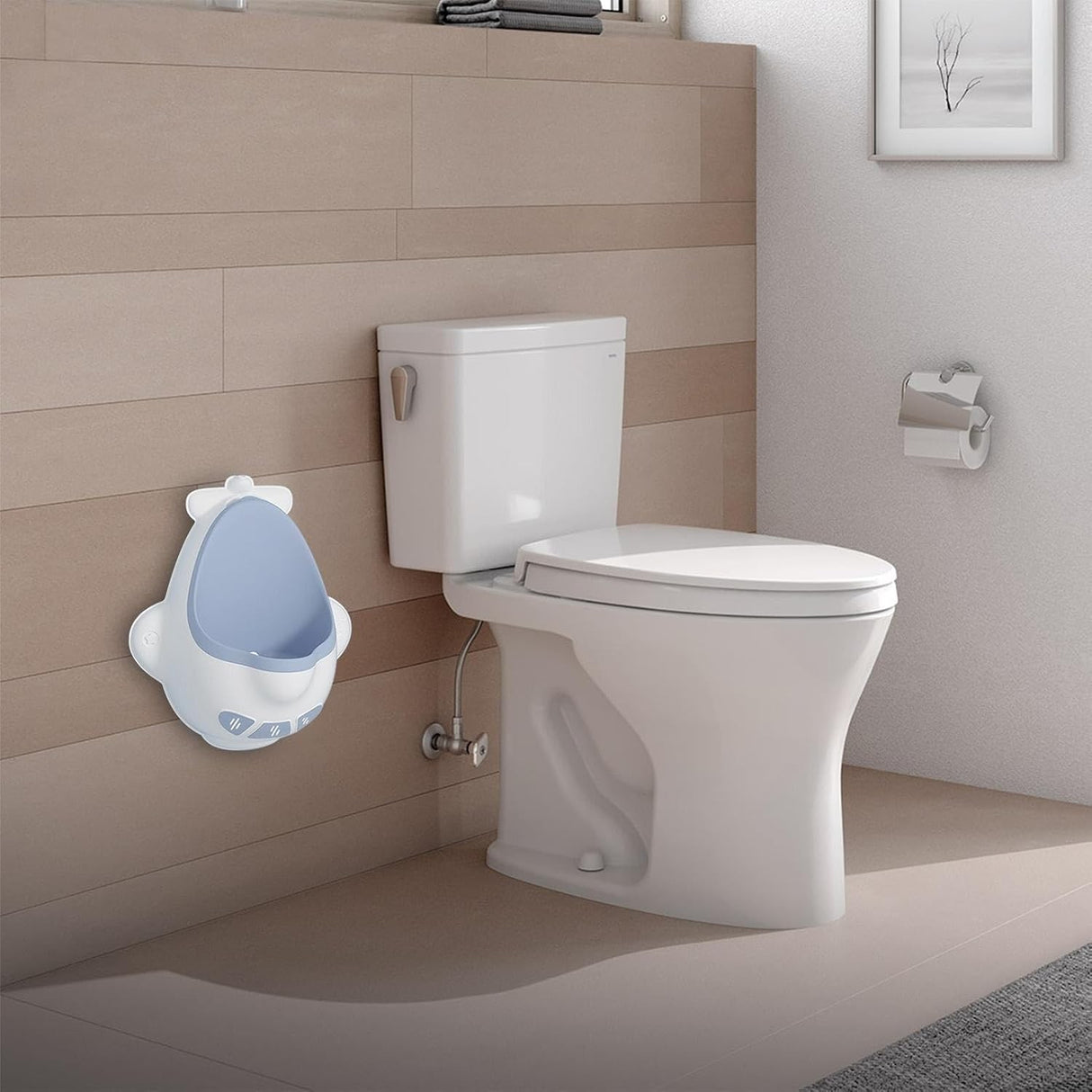 Pisoar pentru Baieti, Vivimall, 0-8 Ani, in Forma de Avion, Perie Inclusa, Montare pe Perete, Carlig Autoadeziv Inclus, 29 x 33.5 cm, Alb/Albastru - vivimall.ro