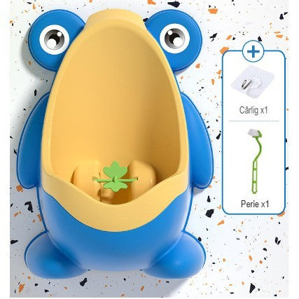 Pisoar pentru Baieti, Vivimall, 0-8 Ani, in Forma de Broasca, Perie Inclusa, Montare pe Perete, Carlig Autoadeziv Inclus, 29 x 22.5 cm, Albastru - vivimall.ro