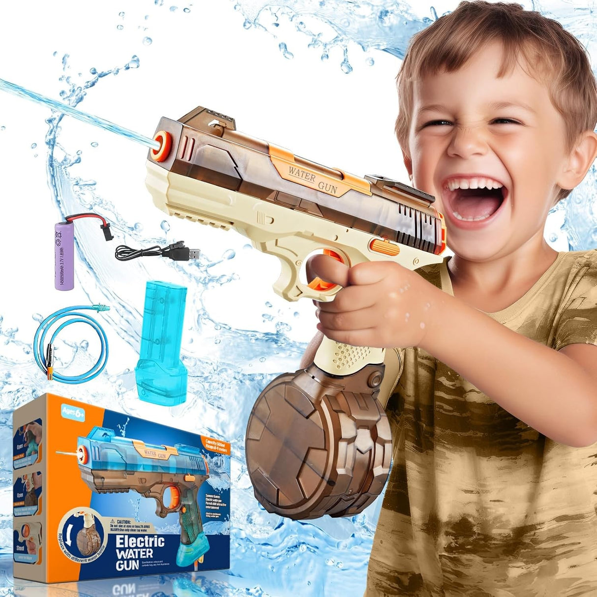 Pistol cu Apa Electric, Vivimall, 2 Rezervoare 75/350 ml, din ABS+Silicon, Baterie, Incarcare USB, Conectare la Furtun, +6 Ani, Maro - vivimall.ro