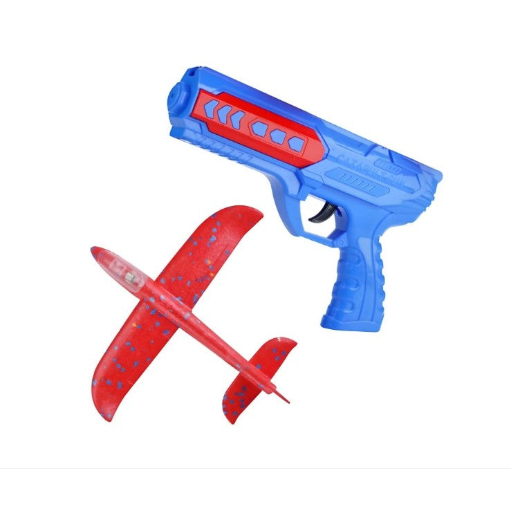 Pistol cu Lansator de Avion, Vivimall, din Polistiren+Plastic, +3 Ani, Avion 24 cm, Lansare 10 m, cu Lumini, Albastru/Rosu - vivimall.ro