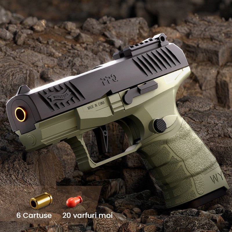Pistol de jucarie GX4 cu Ejectie, Vivimall, de Explozie de buzunar, Makara BLOWBACK, Gloante Moi pentru Copii, 15 x 13 x 3.5 cm, Negru Verde deschis - vivimall.ro