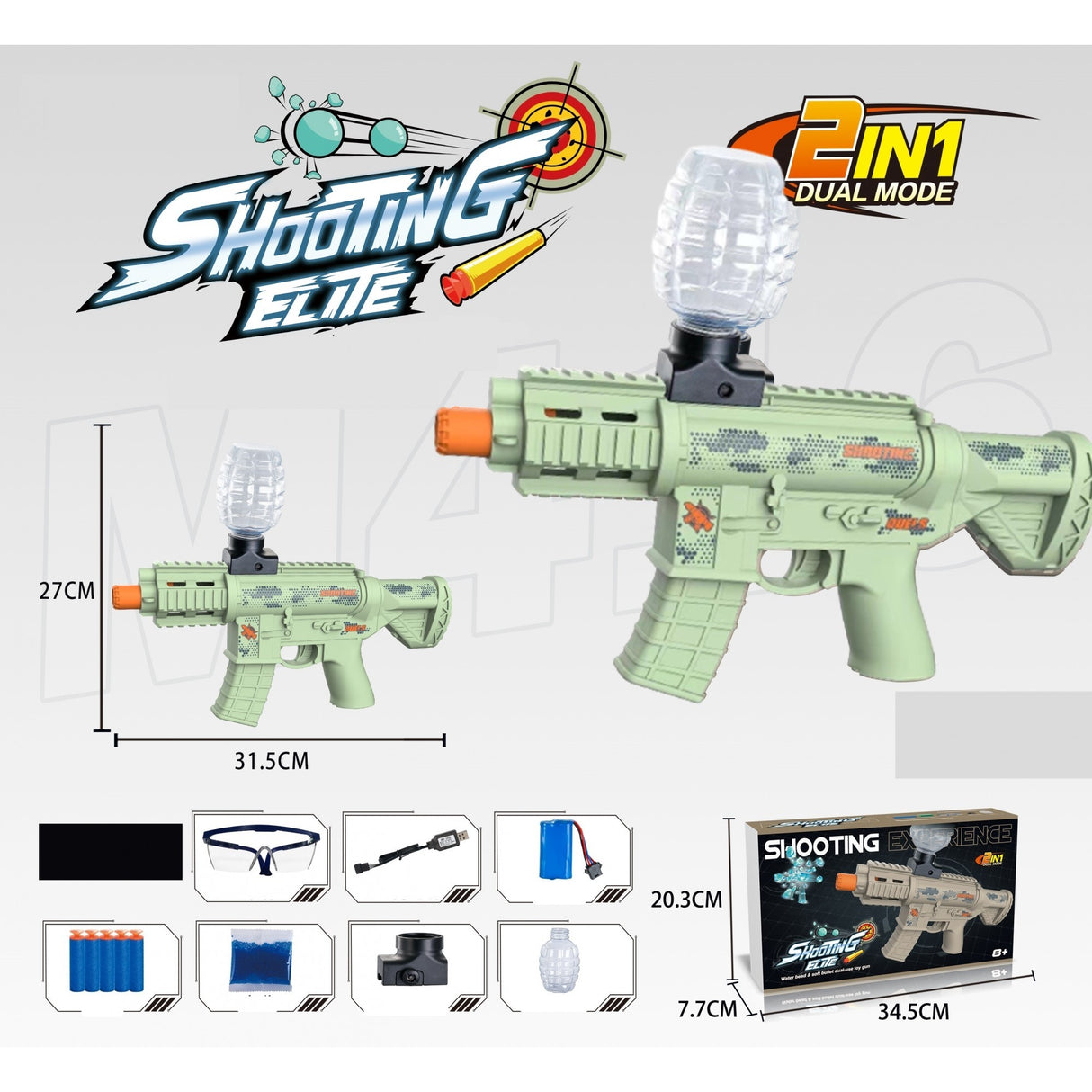Mitraliera de jucarie electrica Vivimall cu bile de hidrogen de gel, gun bluster, tragere in rafala, varsta peste 6 ani, ochelari de protectie, 5000 de bile incluse, cablu de incarcare, 27x31.5 cm, Mp9, verde - vivimall.ro