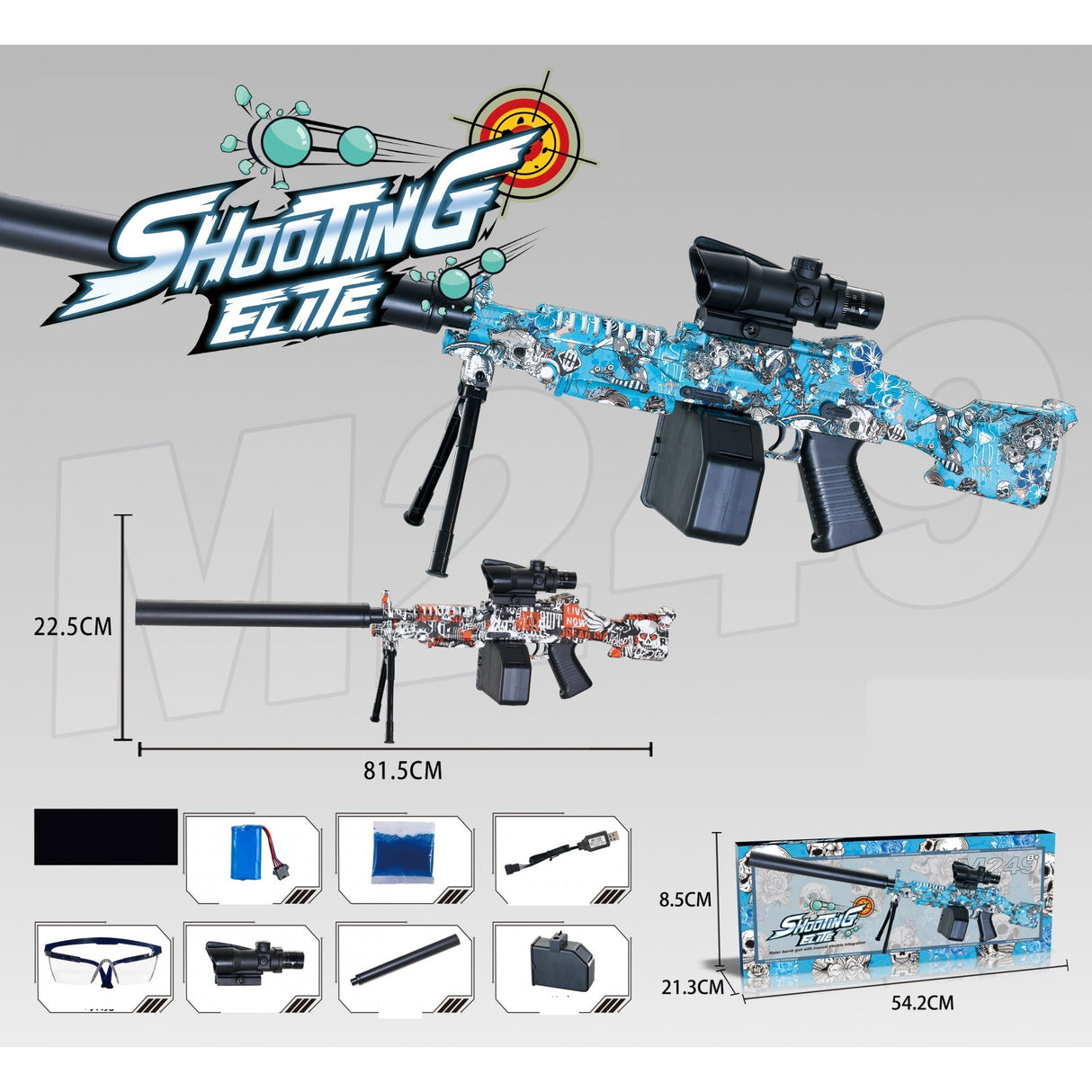 Mitraliera de jucarie electrica Vivimall cu bile de hidrogen de gel, gun bluster, tragere in rafala, varsta peste 6 anil, ochelari de protectie, 5000 de bile incluse, cablu de incarcare, 22.5x81.5 cm, ST, portocali - vivimall.ro