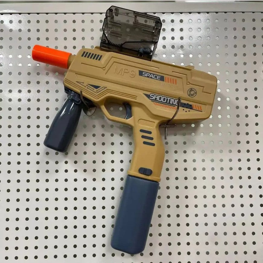 Mitraliera de jucarie electrica Vivimall cu bile de hidrogen de gel, gun bluster, tragere in rafala, varsta peste 6 ani, ochelari de protectie, 5000 de bile incluse, cablu de incarcare, 40.1 x 31.6 cm, Mp9, crem - vivimall.ro