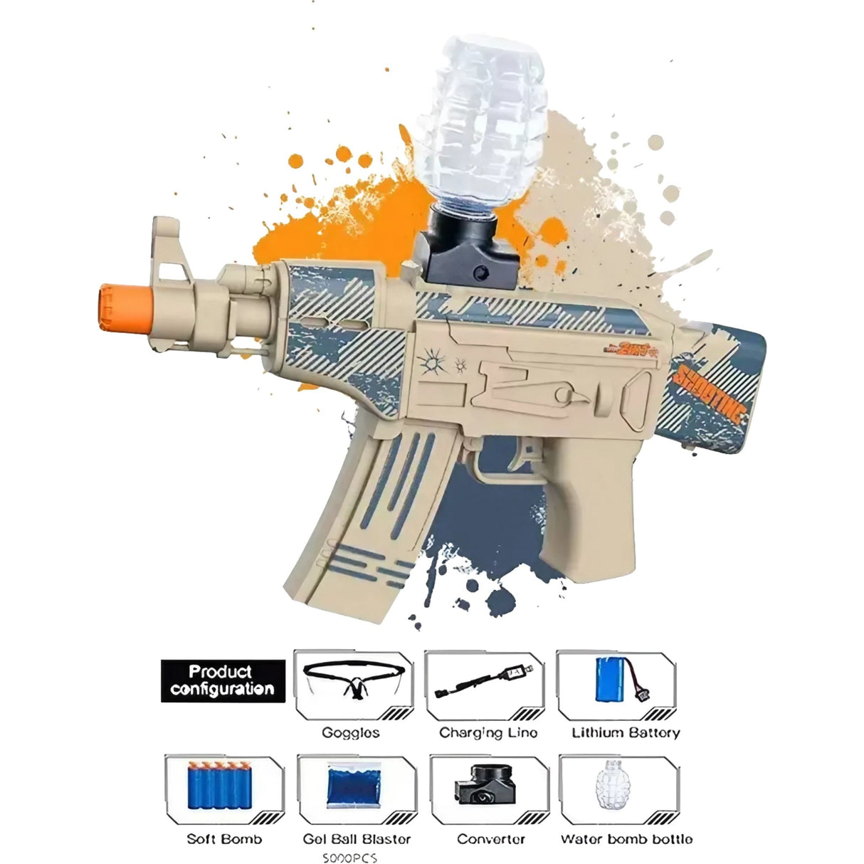 Mitraliera de jucarie electrica Vivimall cu bile de hidrogen de gel, gun bluster, tragere in rafala, varsta peste 6 ani, ochelari de protectie, 5000 de bile incluse, cablu de incarcare, 28x31 cm, AK47, crem - vivimall.ro