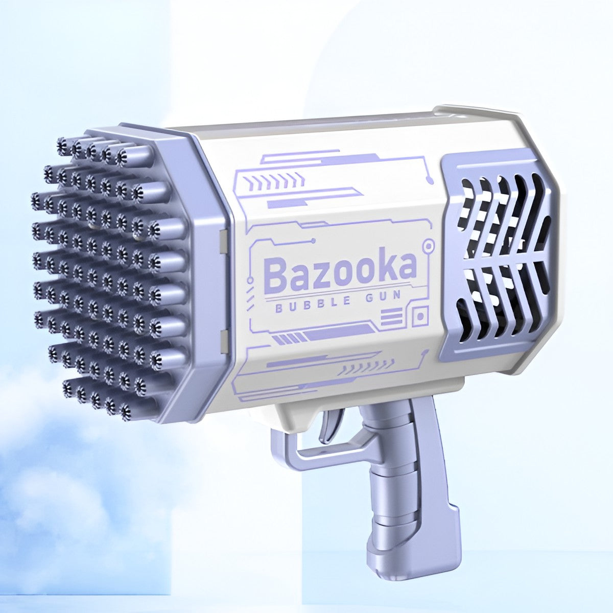 Pistol pentru Baloane de Sapun, Vivimall, 69 de Gauri, Lumini Colorate, Tavita, Lichid, Baterie de Li, Cablu de Incarcare, 24cm x 14cm x 24cm, Mov - vivimall.ro