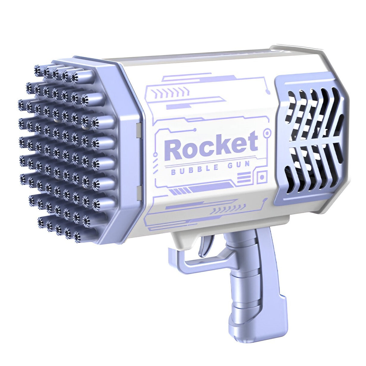 Pistol pentru Baloane de Sapun, Vivimall, 69 de Gauri, Lumini Colorate, Tavita, Lichid, Baterie de Li, Cablu de Incarcare, 24cm x 14cm x 24cm, Mov - vivimall.ro