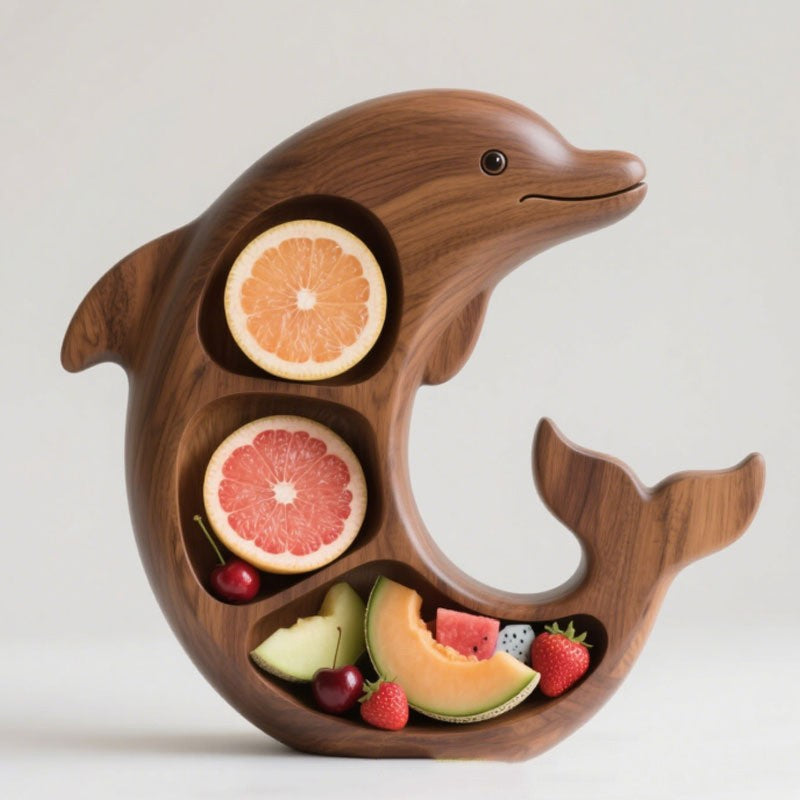 Platou pentru Servire, Flippy, in Forma de Delfin, 3 Compartimente pentru Mezeluri, Branzeturi, Snacksuri, Fructe, Design Artistic, din Lemn Masiv, 26 x 25 x 4 cm, Maro Natur - vivimall.ro