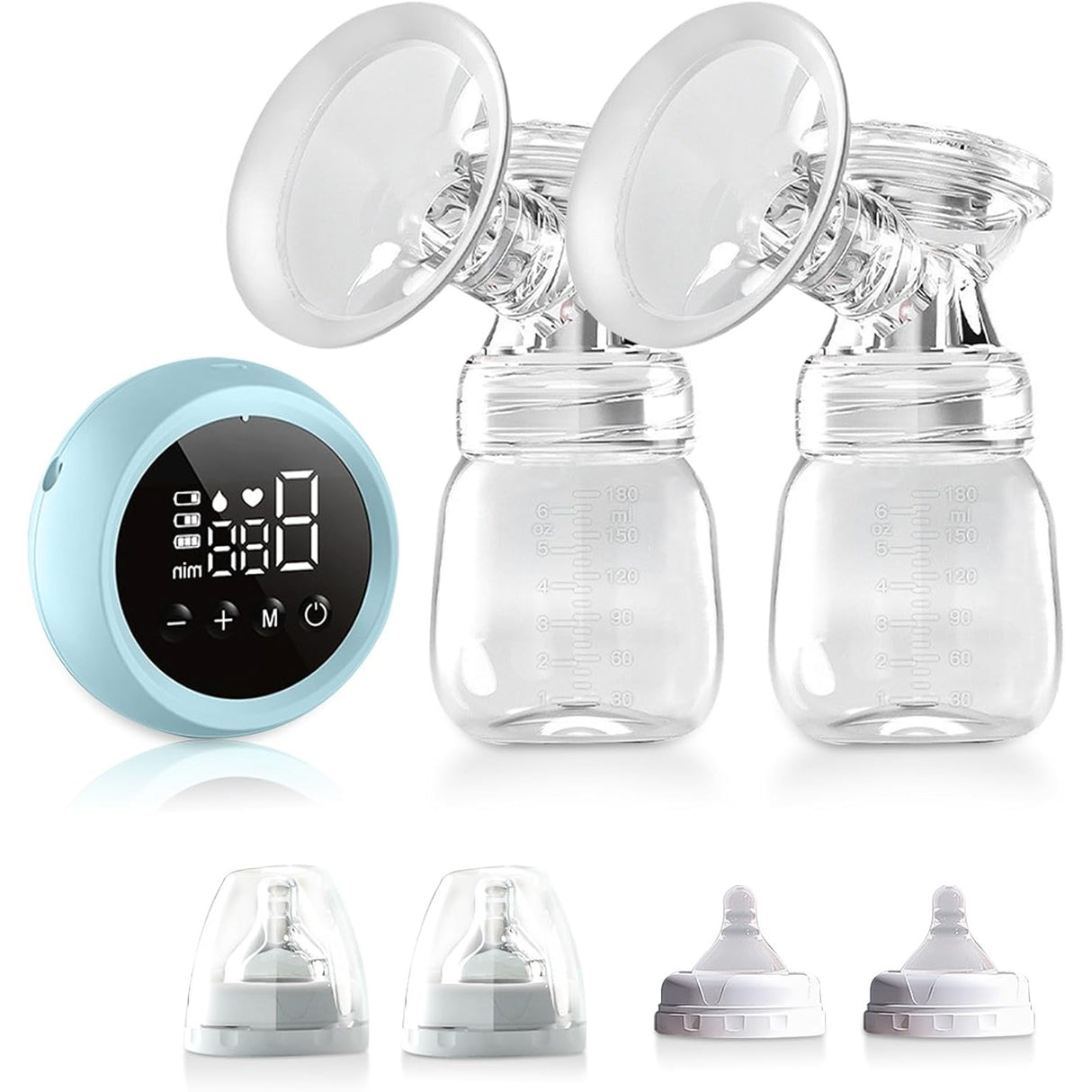 Pompa de San Electrica 2 in 1, Vivimall, cu 2 Biberoane, Capacitate 180 ml, Incarcare USB Tip C, 1200 mAh, 2 Moduri, 9 Viteze, Albastru Transparent - vivimall.ro