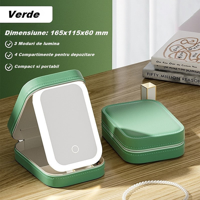 Portfard, Vivimall, Geanta Cosmetice, cu Oglinda LED, 3 Moduri de Lumina, Incarcare USB, Baterie 1200 mAh, pentru Organizarea Cosmeticelor, 4 Compartimente, Imitatie Piele, Verde, 16.5x11.5x6 cm - vivimall.ro