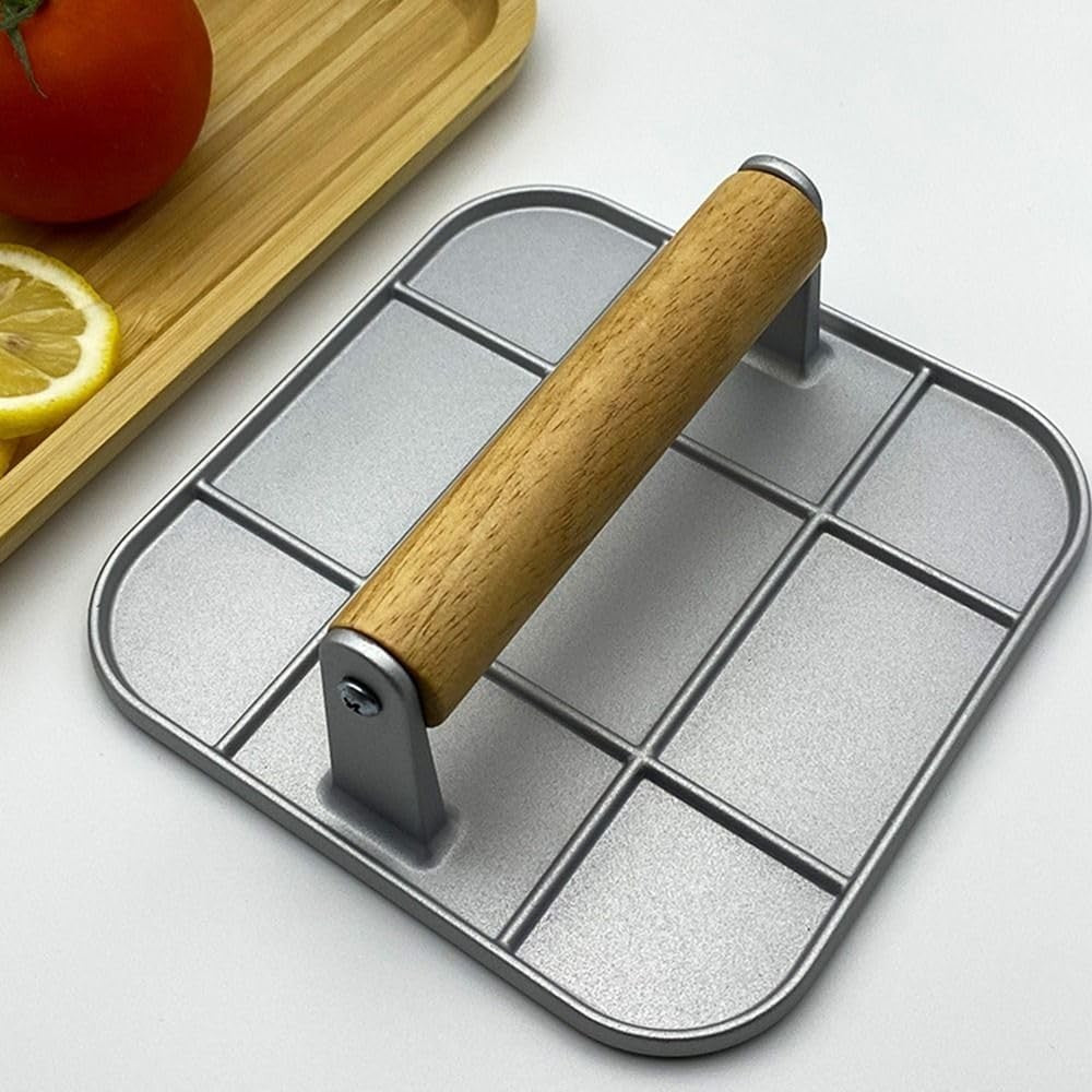 Presa Manuala pentru Carne, Vivimall, din Aliaj de Aluminiu, Maner din Lemn, Presa pentru Burgeri, Usor de Curatat si Folosit, Patrata, 16x16x6 cm, Gri - vivimall.ro