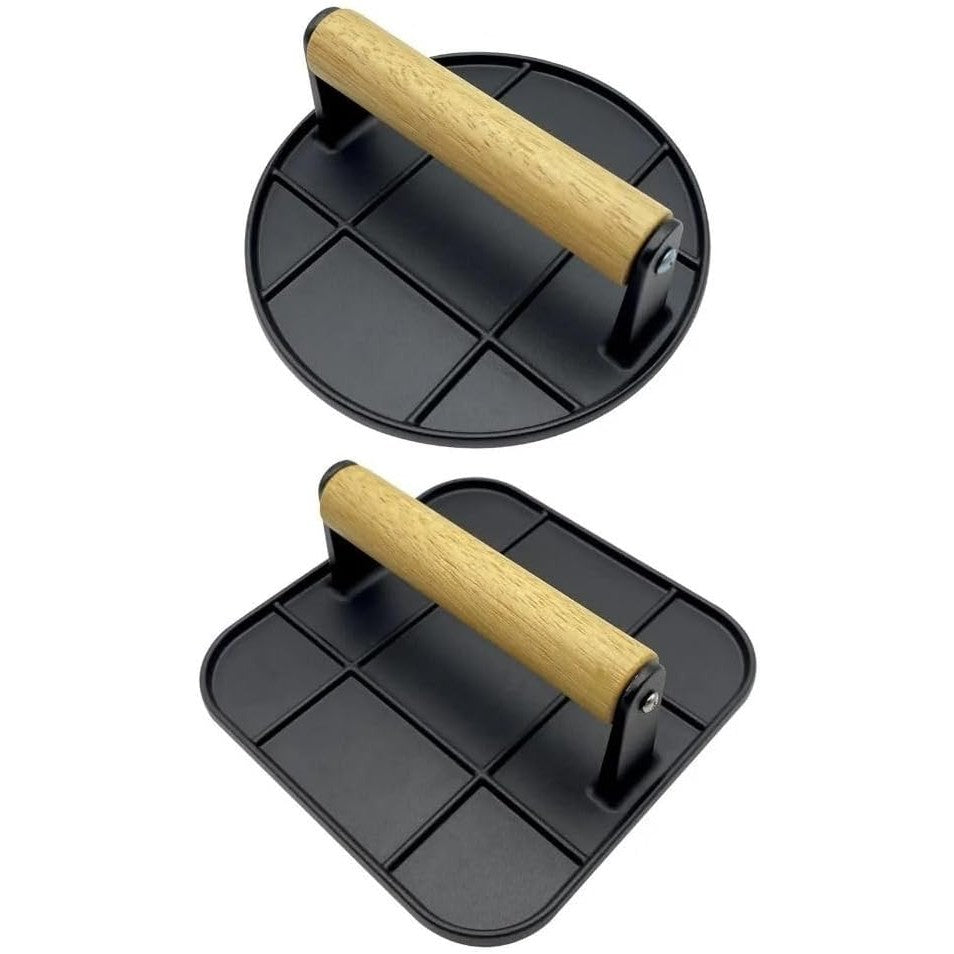 Presa Manuala pentru Carne, Vivimall, din Aliaj de Aluminiu, Maner din Lemn, Presa pentru Burgeri, Usor de Curatat si Folosit, Patrata, 16x16x6 cm, Neagra - vivimall.ro