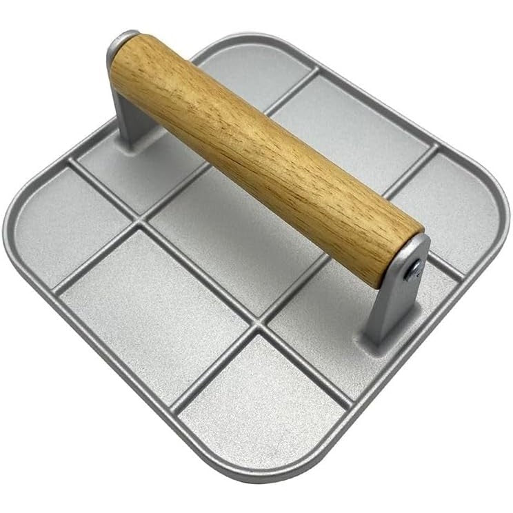 Presa Manuala pentru Carne, Vivimall, din Aliaj de Aluminiu, Maner din Lemn, Presa pentru Burgeri, Usor de Curatat si Folosit, Patrata, 16x16x6 cm, Gri - vivimall.ro