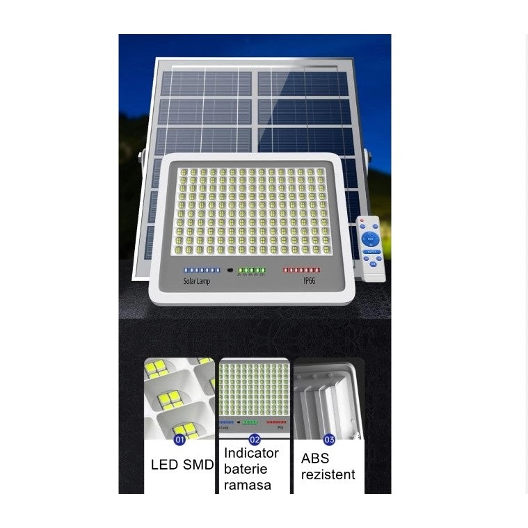 Proiector LED cu Panou Solar Vivimall, Senzor lumina, Waterproof, 216 LED-uri incorporate, 100W, 24x19 cm, IP 67, Design Modern, Negru - vivimall.ro