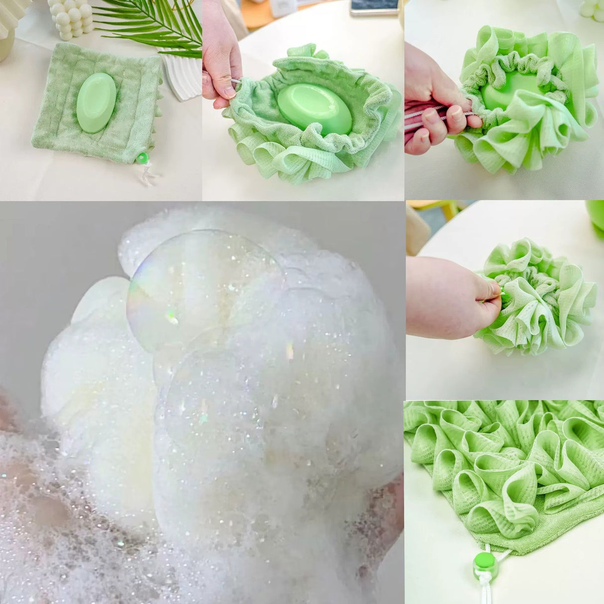 Prosop de Baie, Vivimall, 2in1, cu Burete din Plasa, 17 x 17 cm, Verde - vivimall.ro