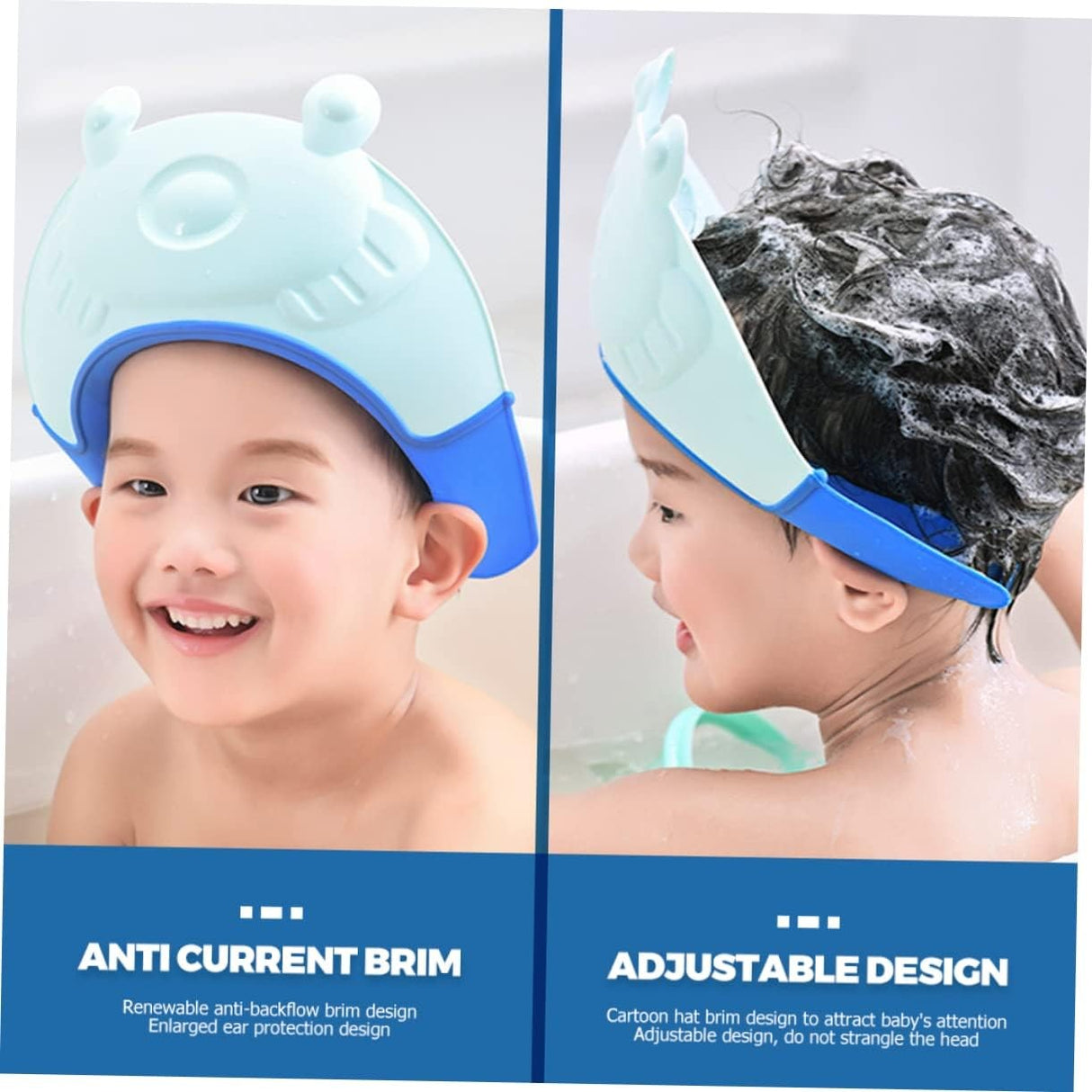 Viziera de Protectie Baie Pentru Copii, Fippy, Model Broasca, Dimensiune ajustabila, Durabil, Usor de curatat, Impotriva Samponului, pentru Ochi si Urechi, TPE+PP, 24x23 cm, Albastru - vivimall.ro