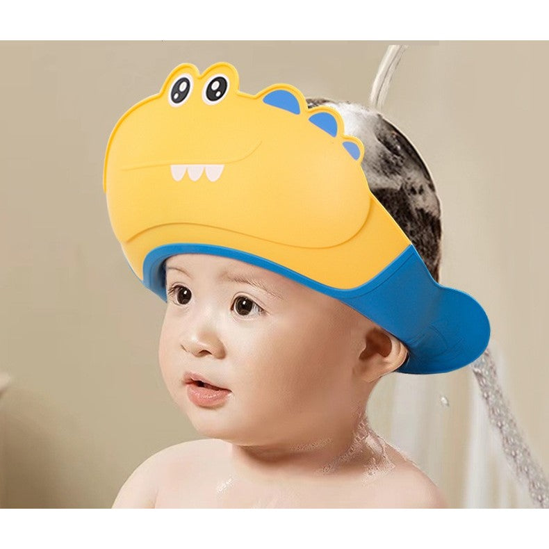 Casca de Dus, Vivimall, Previne Scurgerea Apei si Samponului pe Fata, 0-12 Ani, Ajustabila, din TPE+PP, 20 x 23 cm, Model Crocodil, Galben/Albastru - vivimall.ro