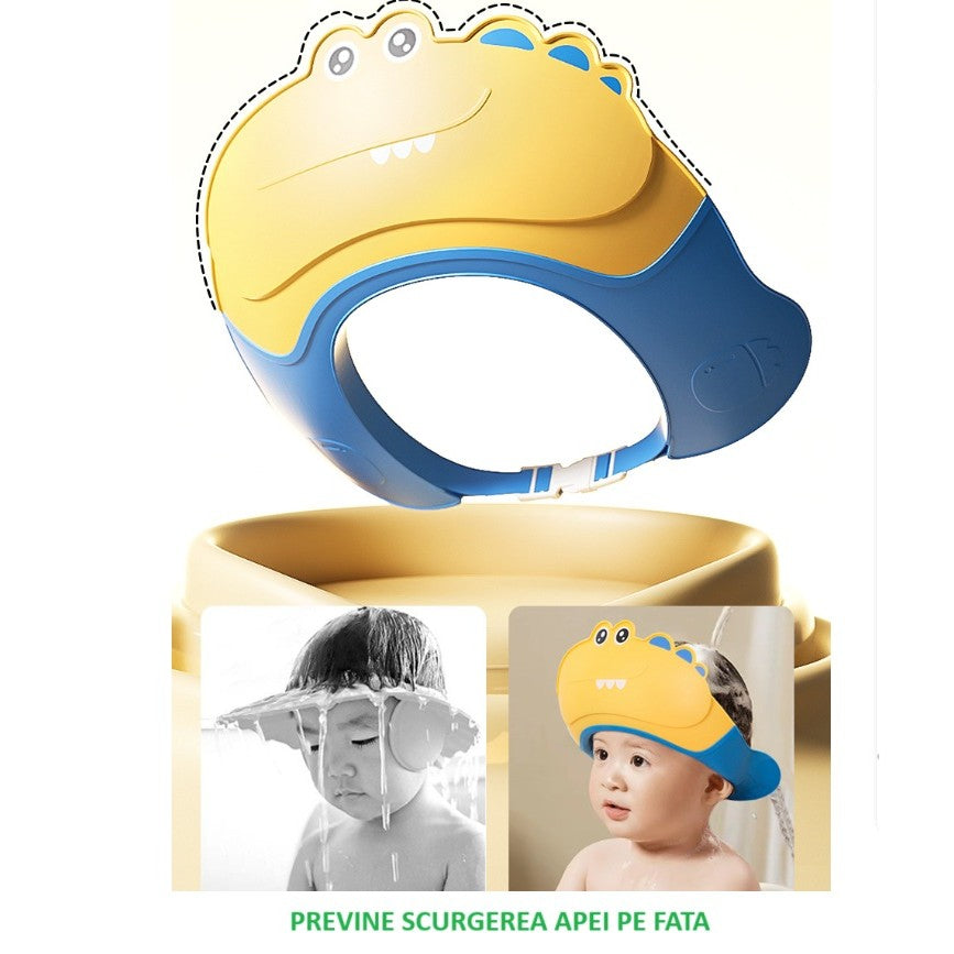 Casca de Dus, Vivimall, Previne Scurgerea Apei si Samponului pe Fata, 0-12 Ani, Ajustabila, din TPE+PP, 20 x 23 cm, Model Crocodil, Galben/Albastru - vivimall.ro