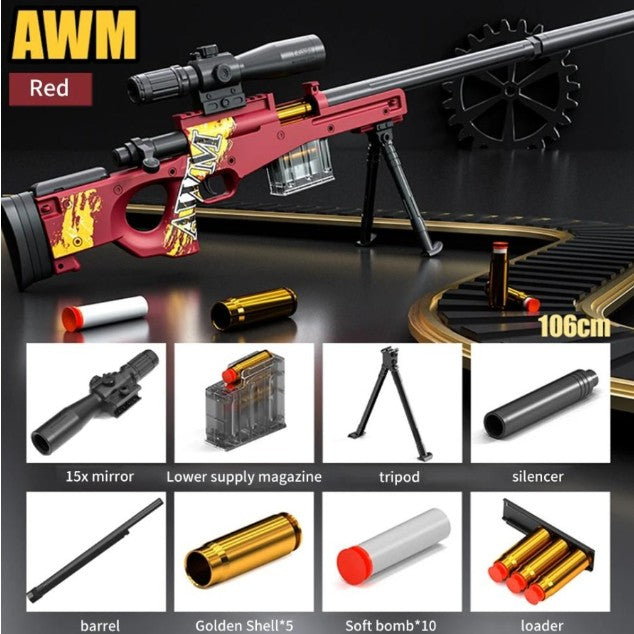 Pusca de Jucarie AWM Ultrarealista, Vivimall, Manuala, cu Luneta, 10 de Proiectile din Spuma Moale, 5 Cartuse, 106 cm, 14 ani+, Rosu - vivimall.ro