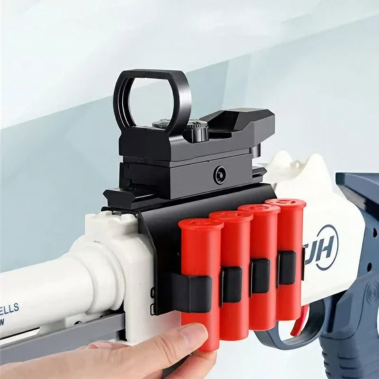 Pusca de Jucarie S686 Ultrarealista, UDL XM1014, Vivimall, Manuala, cu Luneta, 10 de Proiectile din Spuma Moale, 5 Cartuse, 80 cm, 8 ani+, Alb - vivimall.ro