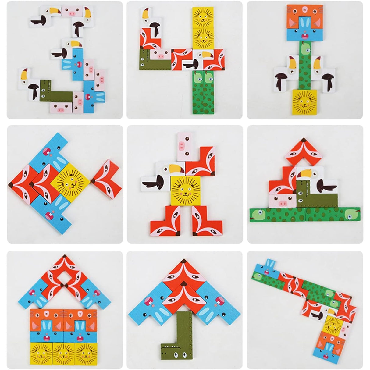 Detaliu piese puzzle lemn Tetris cu animale abstracte multicolor din lemn de tilon natural, vopsea non-toxică