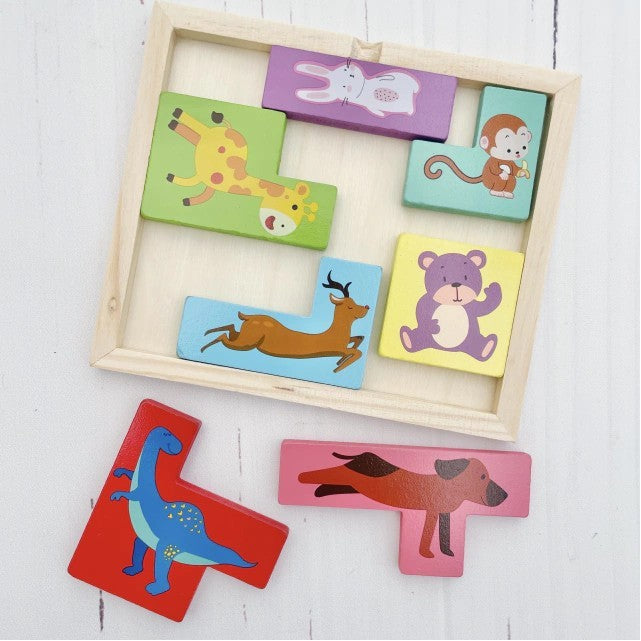 Puzzle din Lemn Vivimall, Tip Tetris, +4 Ani, cu Animale Colorate 3D, 7 Piese, Multicolor - vivimall.ro