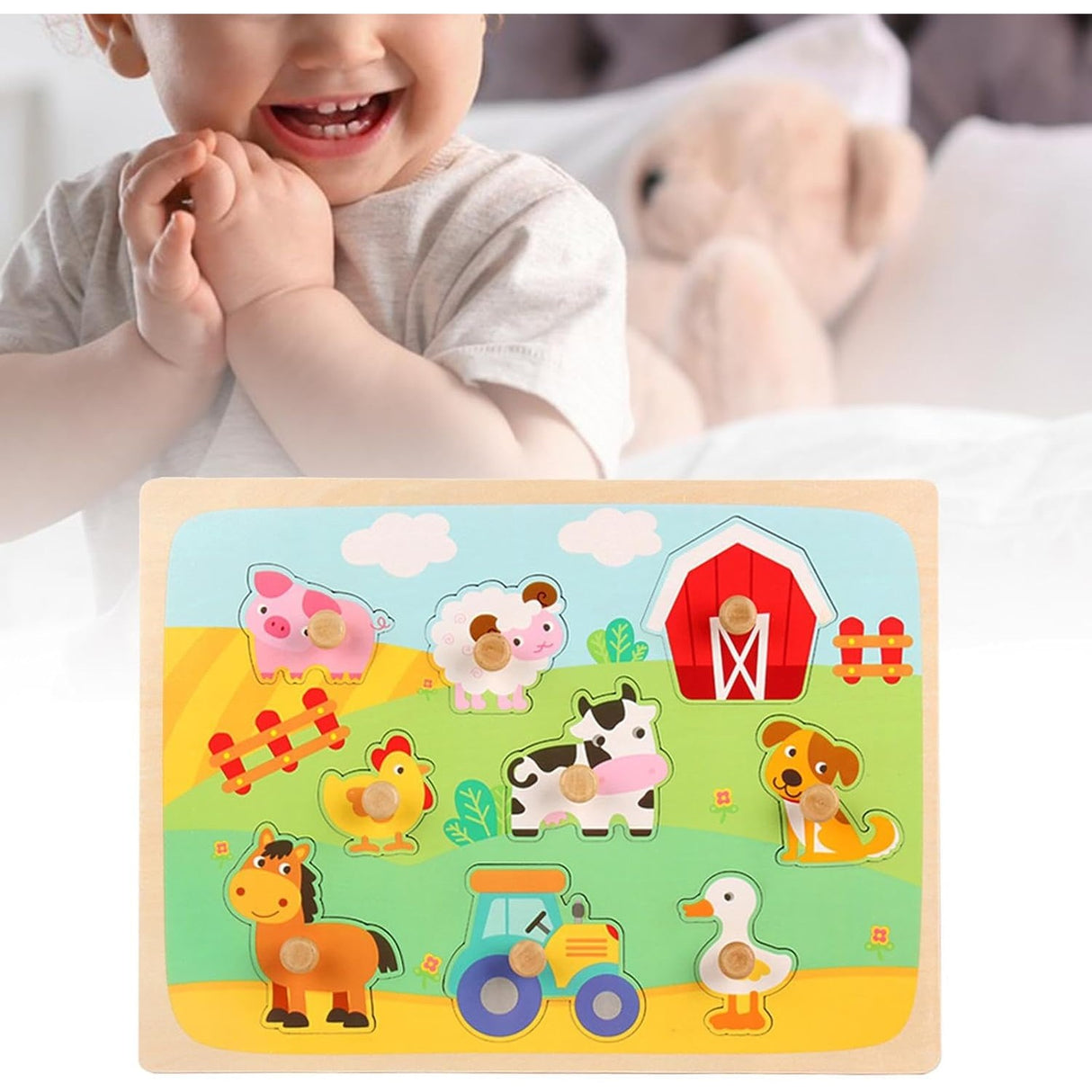 Puzzle Montessori din Lemn pentru Copii, Vivimall, 3D, 0-3 Ani, Model Ferma, Educativ, Intuitiv, Creativ, 9 Piese, 30x22.5x0.8 cm, Multicolor