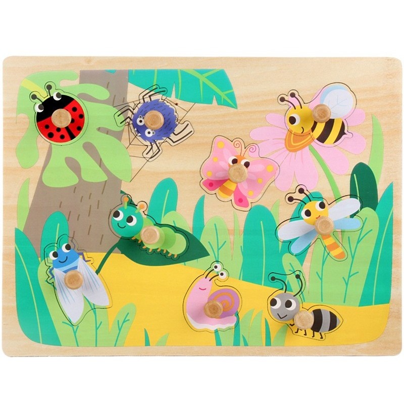 Puzzle Montessori din Lemn pentru Copii, Vivimall, 3D, 0-3 Ani, Model Insecte, Educativ, Intuitiv, Creativ, 9 Piese, 30x22.5x0.8 cm, Multicolor